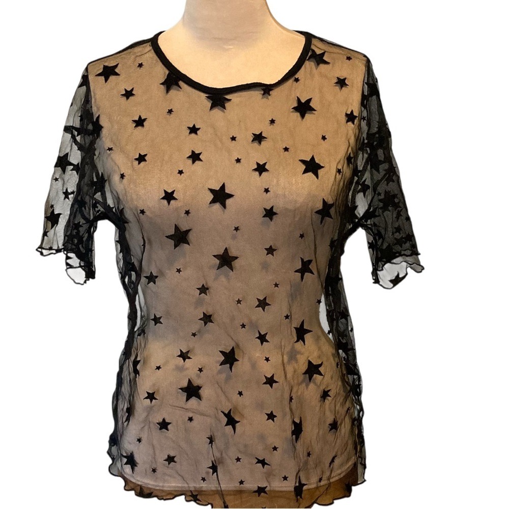 Black Mesh Short Sleeved Tee Shirt Top with Velvet Stars